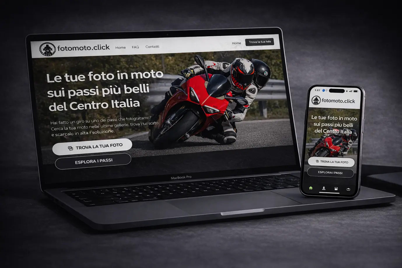 Mockup del progetto FotoMoto.click su desktop e mobile
