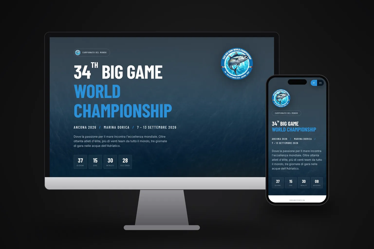 Mockup del sito del 34th Big Game World Championship 2026 su desktop e mobile