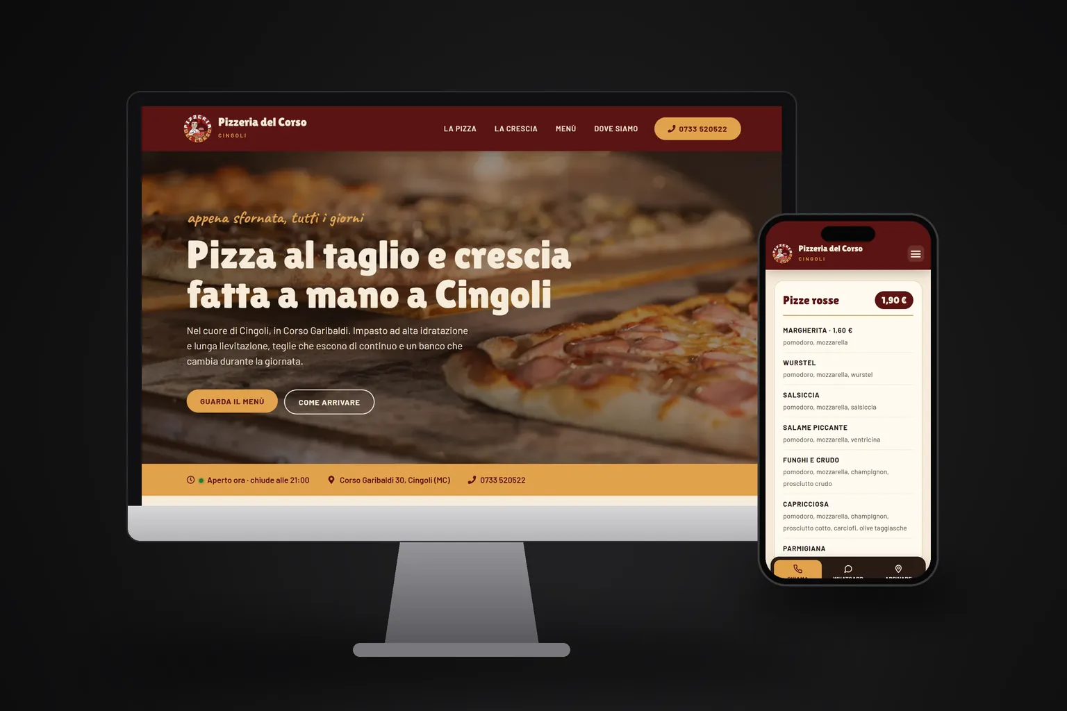 Mockup del sito della Pizzeria del Corso su desktop e mobile