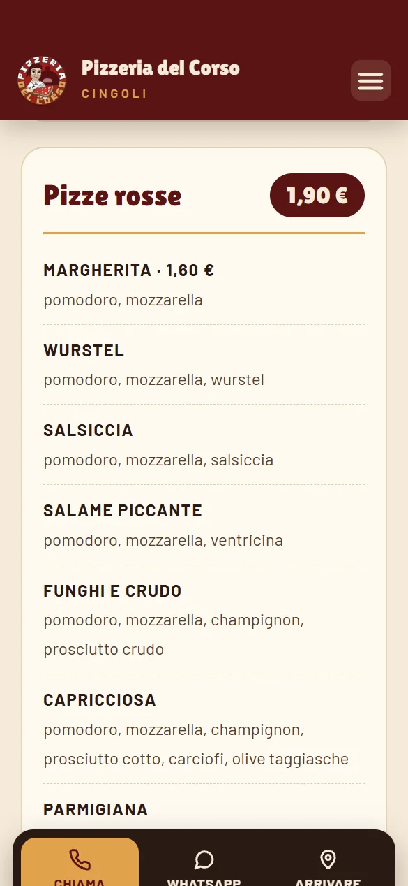 Pizzeria del Corso 2 Menù della Pizzeria del Corso su smartphone con la barra per chiamare
